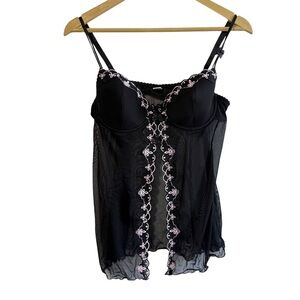 Native Intimates 36B /M Black Pink Mesh Embroidered Lingerie Cami Top Whimsigoth